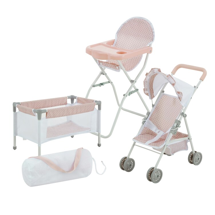 Teamson Kids Polka Dot Princess Baby Doll 3Pc Nursery Set - Crib, High Chair & Stroller