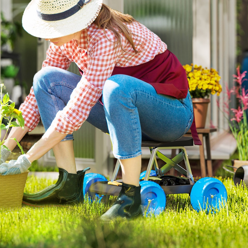 image 1 of Outsunny Garden Cart with Wheels, Tool Tray for Weeding, Planting, Blue