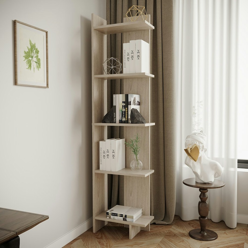 image 1 of Living and Home Modern 5-Tier Corner Bookshelf Shelf Unit - Maple Wood