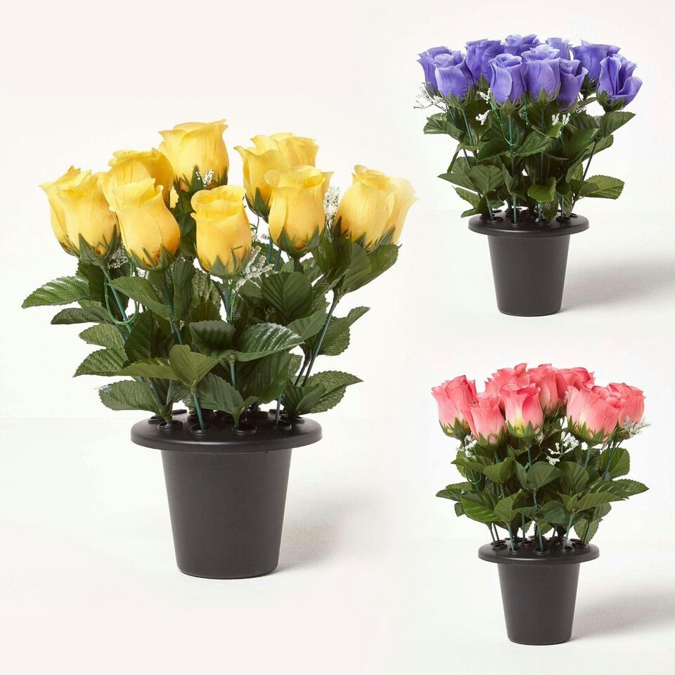 image 1 of Homescapes Set of 3 Artificial Rosebuds with Gypsohila in Grave Vase