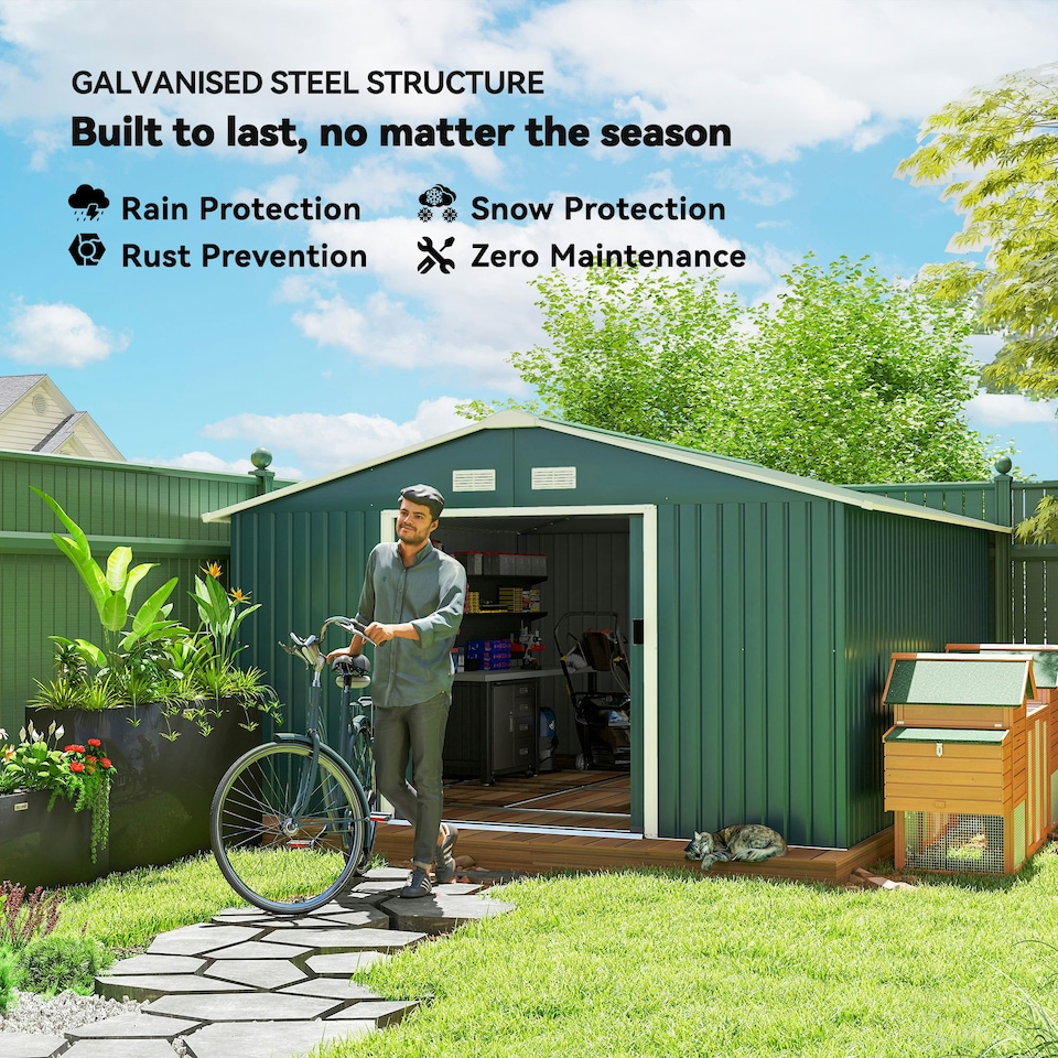 image 1 of Outsunny 13 x 11ft Garden Shed Storage with Foundation Kit and Vents, Green