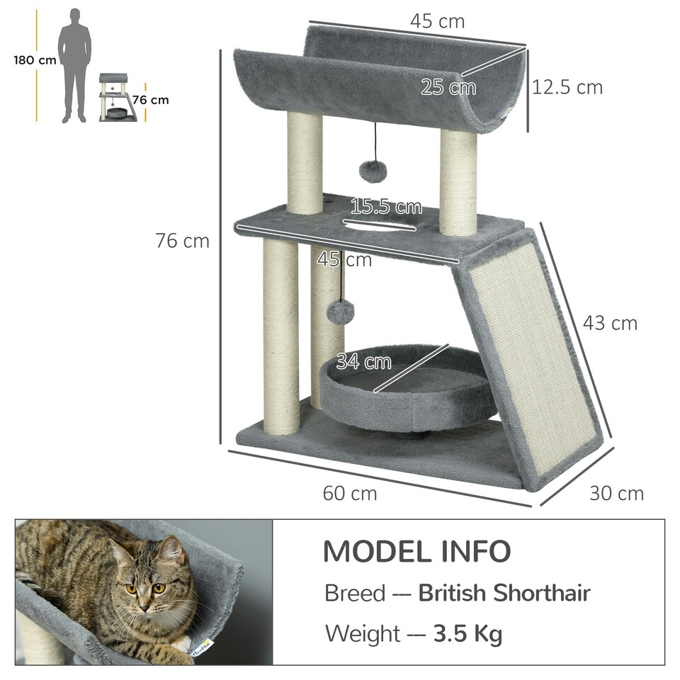 image 1 of PawHut Cat Tree Kitten Tower with Scratching Post Bed Perch Toy, Light Grey