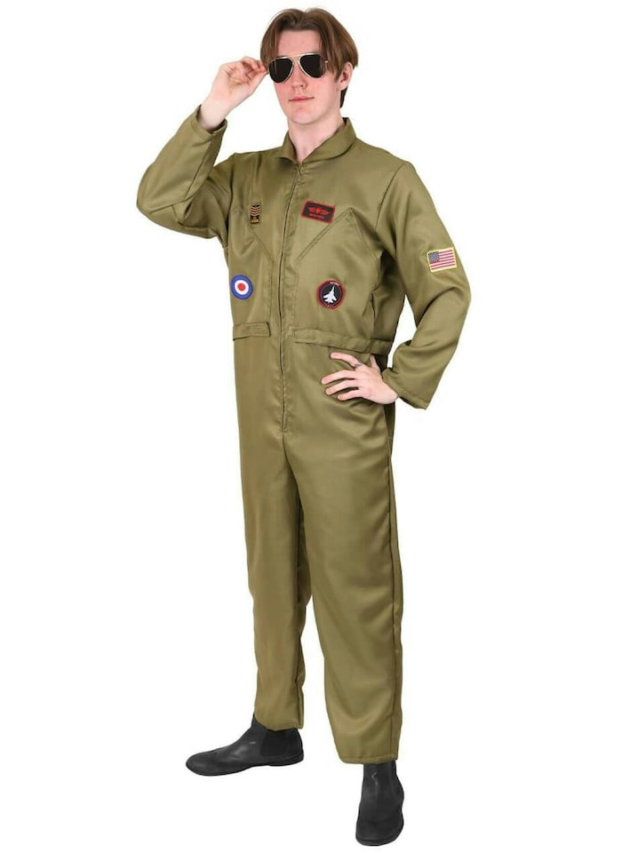 image 1 of Men's Aviator Fighter Pilot Costume – Military Jumpsuit with Patches & Zipper Front | Multi | XL