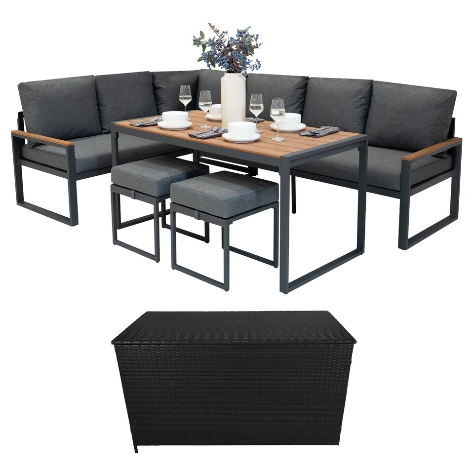 image 1 of Aluminium Corner Sofa Set With Black Rattan Storage Box - Wood Effect