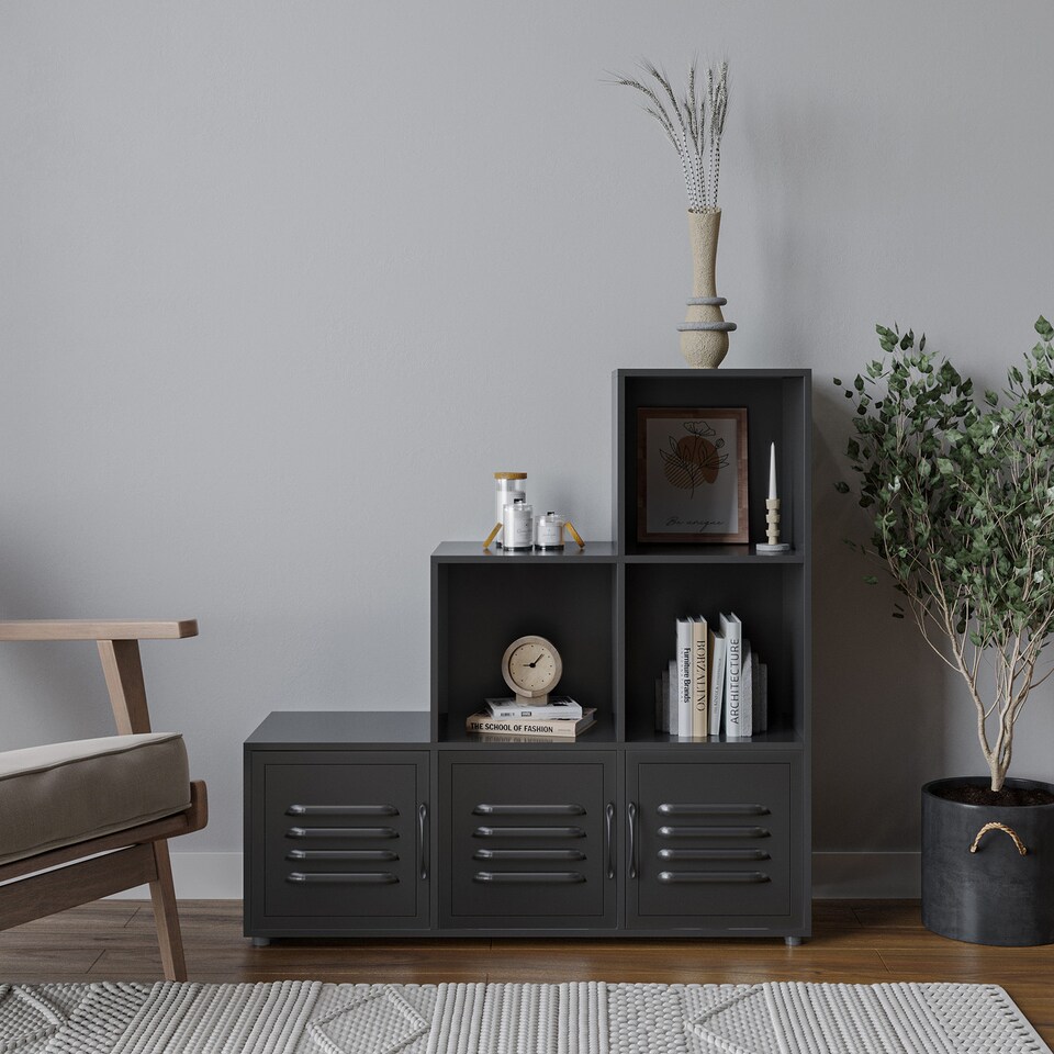 image 1 of 6-Cube Step Shelving Unit With Metal Doors | Black | Black & Black | 1