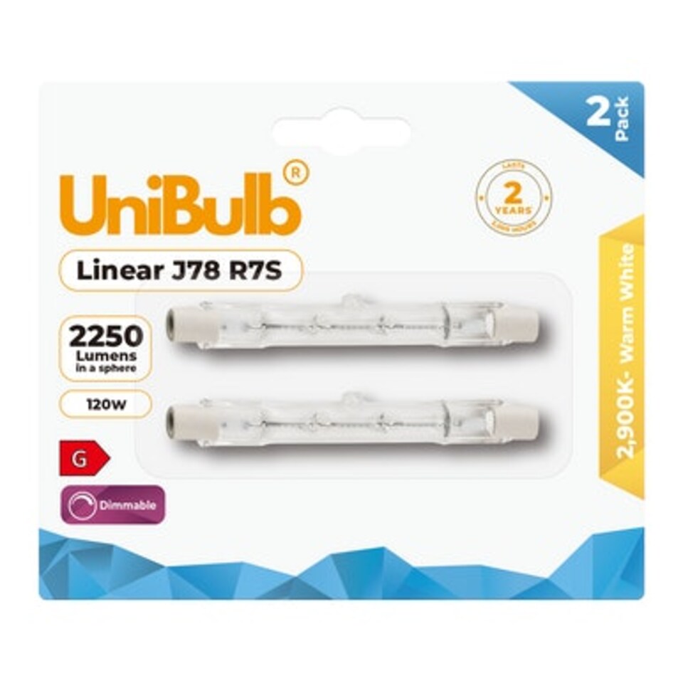 image 1 of UniBulb Halogen 78mm R7S Linear 2250lm 120W 2900K (Warm White) Dimmable - Pack of 2