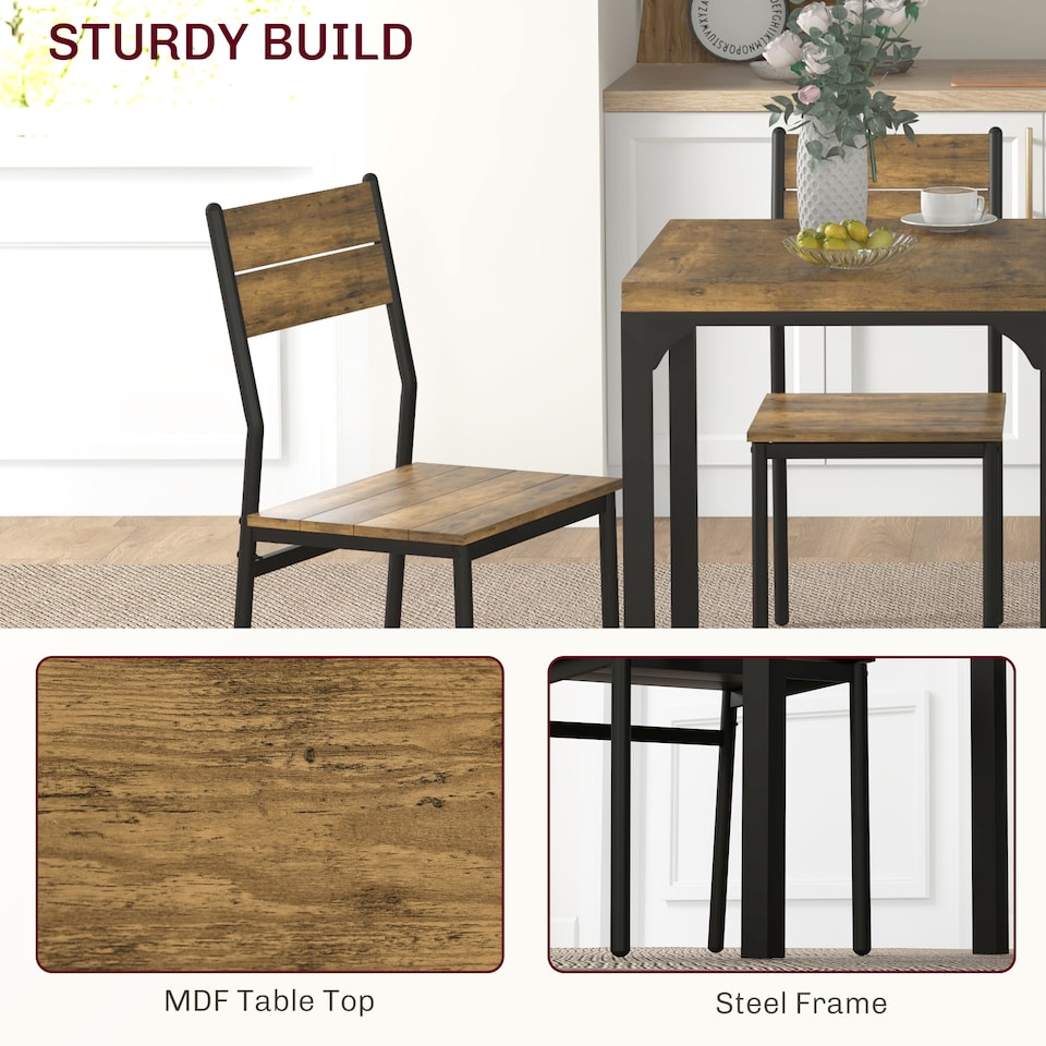 image 1 of HOMCOM 3 Pieces Compact Dining Table 2 Chairs Set Wooden Metal Legs Bistro Cafe Kitchen Breakfast Bar Home Furniture, Rustic Brown | Brown