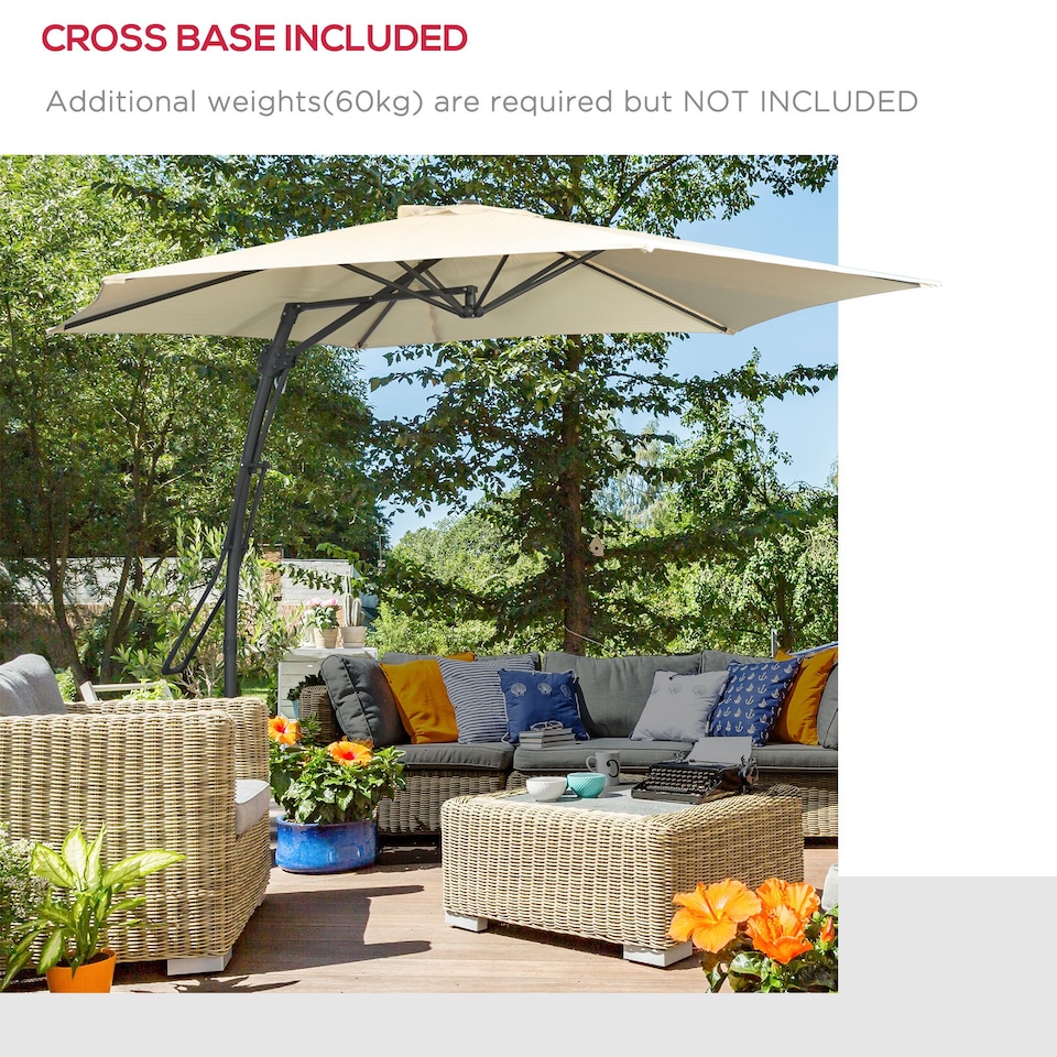 image 1 of Outsunny 3m Cantilever Parasol with Easy Lever, Patio Umbrella with Crank Handle, Cross Base and 6 Metal Ribs, Outdoor Sun Shades for Garden | Cream | Cream | 293 x 293 x 243H cm