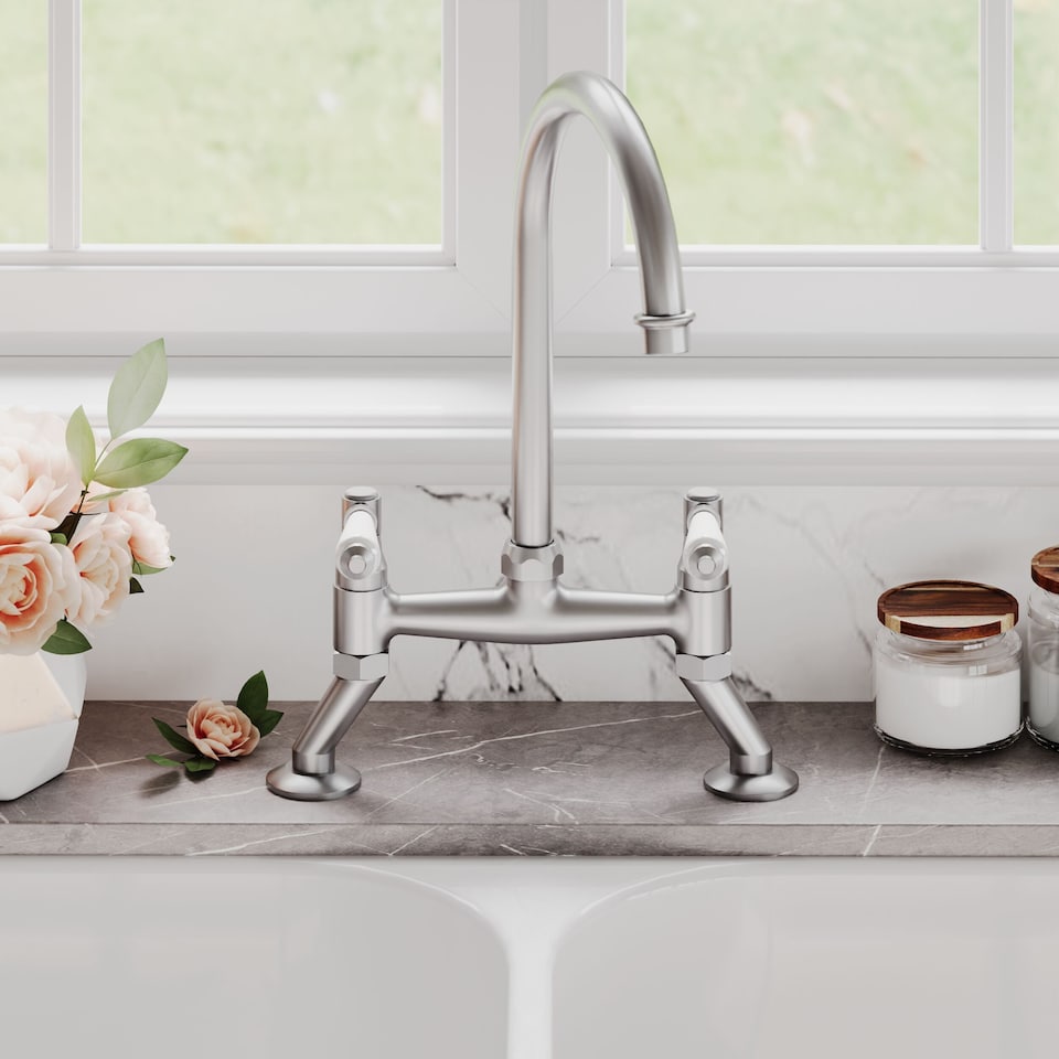 image 1 of Traditional Kitchen Bridge Sink Mixer Tap - Brushed Nickel White Lever | Silver | Brushed Nickel | 1