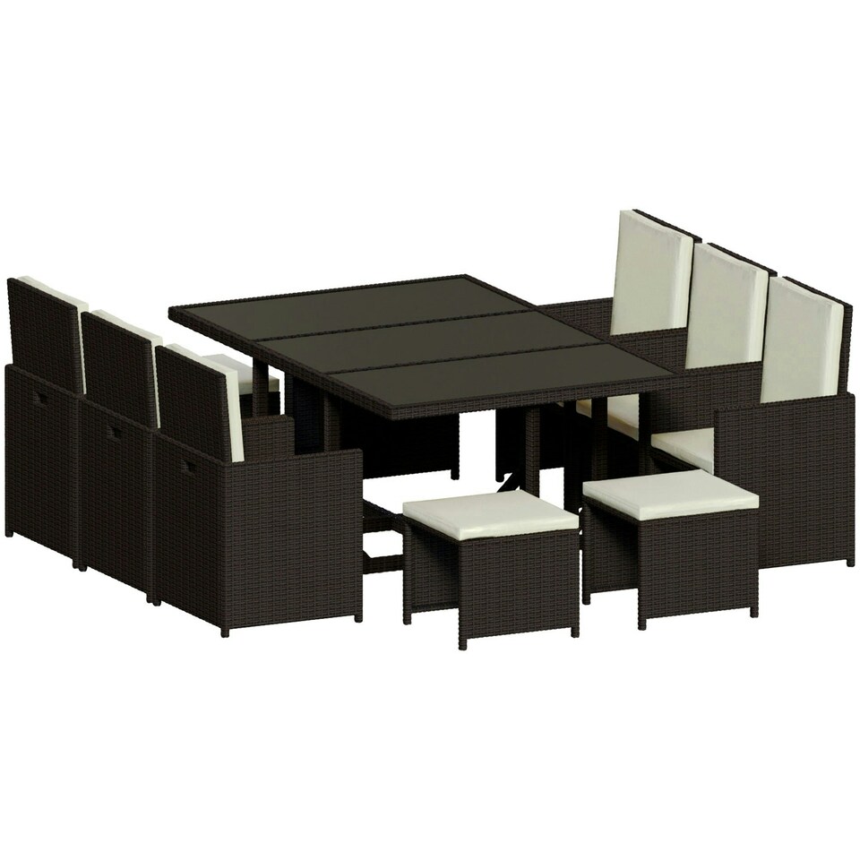 image 1 of Garden Vida Cuba 10 Seater Rattan Set Folding Chair Stool Dining Table Outdoor Garden Furniture, Brown