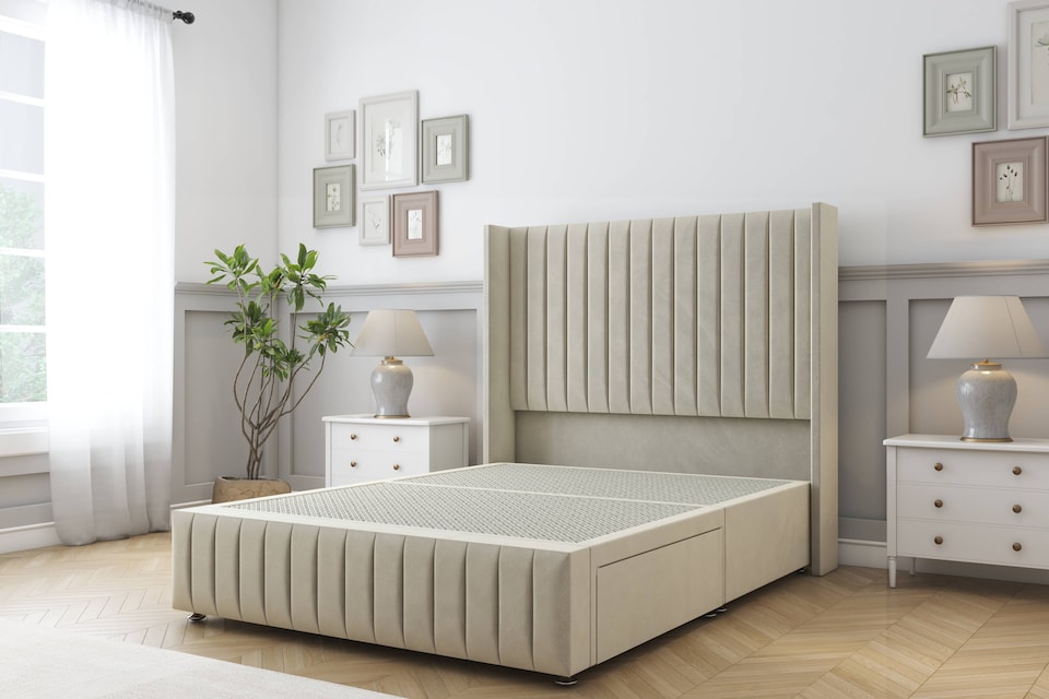 image 1 of Sloomy Marlborough Cream Plush Divan Bed Base 2 Drawers Foot-End With 54 Inch Wingback Headboard & 12 Inch Matching Footboard | Cream | Cream | King | 1