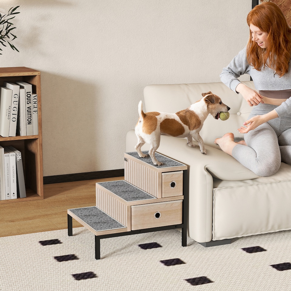 image 1 of PawHut Dog Stairs with Storage, Pet Steps for Older Cats & Small Dogs with Non-Slip Cover, Puppy Pet Steps for Sofa, High Bed, Oak Tone