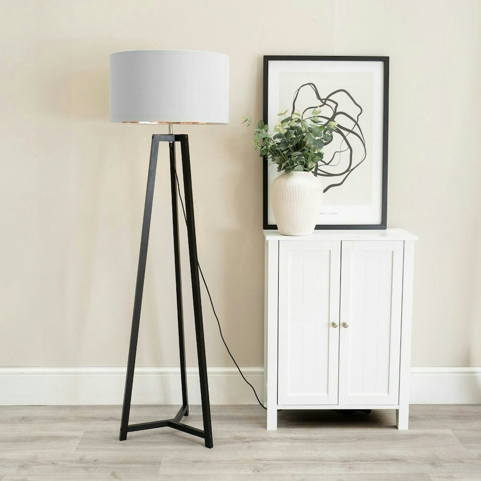 image 1 of ValueLights Lottie Black Wood Tripod Floor Lamp with Grey and Gold Drum Shade | Grey