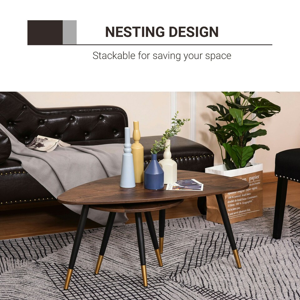 image 1 of HOMCOM Coffee Table Set of 2 Nesting End Side Tables for Living Room, Walnut Yellow