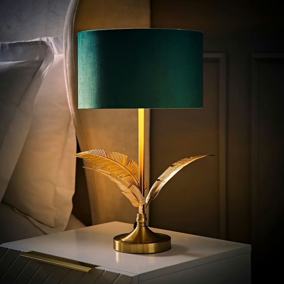 image 1 of ValueLights Christina Green Velvet with Gold Inner Drum Shade Gold Palm Leaf Table Lamp Gold
