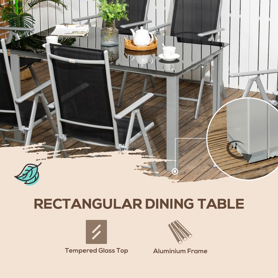 image 1 of Outsunny 7 Piece Garden Dining Set, Outdoor Table and 6 Folding and Reclining Chairs, Aluminium Frame, Tempered Glass Top Table, Texteline Seats, Black