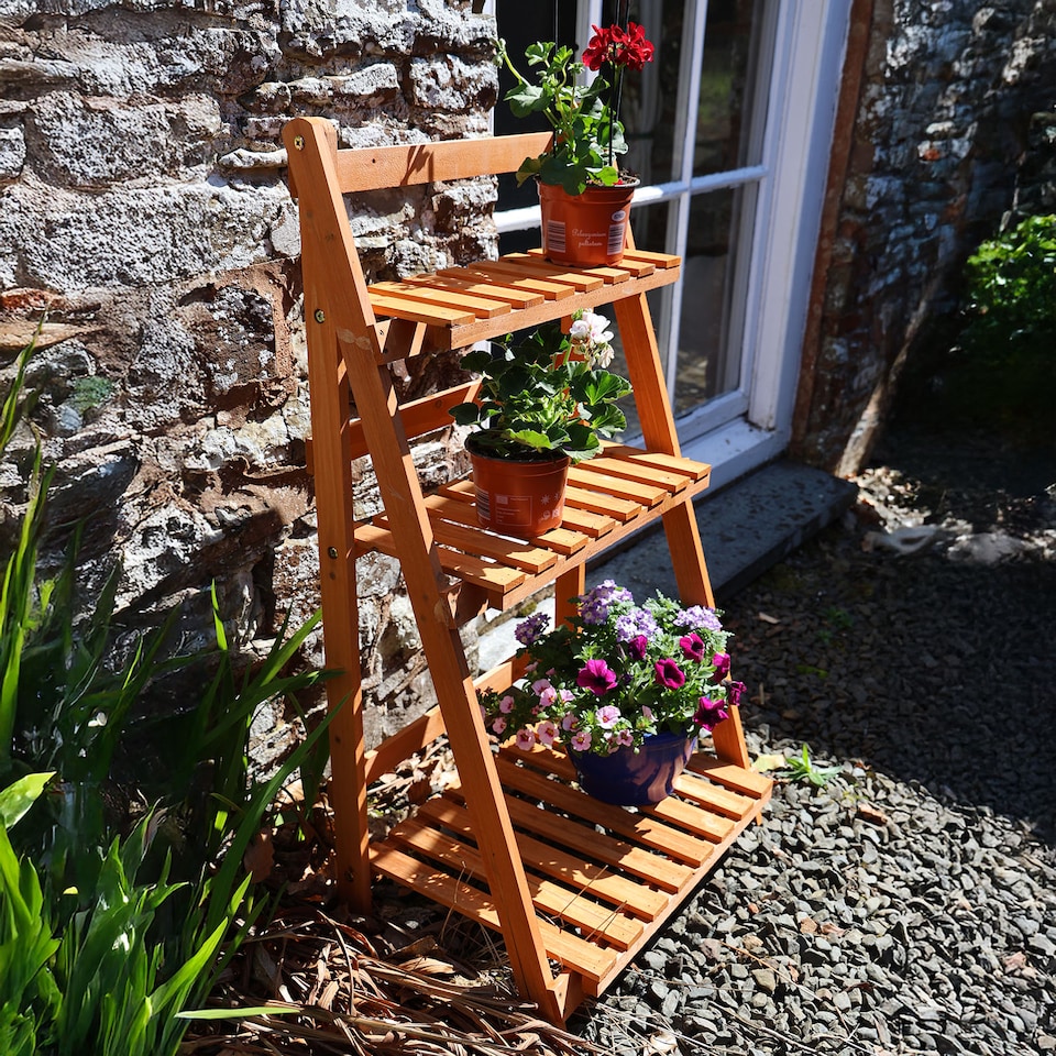 image 1 of Wooden Shelf Foldable Rack Flower Plant Pot Stand Storage Display Holder 3 Tier