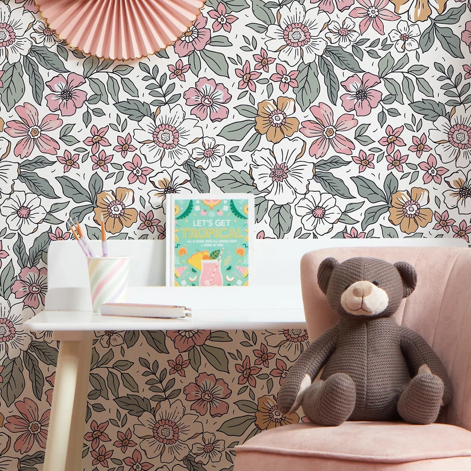 image 1 of Gorgeous Gardenia Wallpaper in Sage Green and Pink on White | White | Sage Green And Pink On White | 50cm x 10m