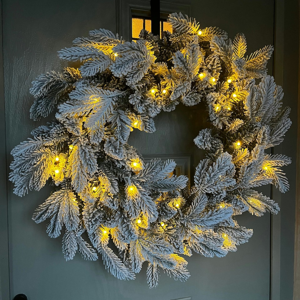 image 1 of 60cm Premium Mixed branch prelit Snow Flocked Christmas Wreath - with timer