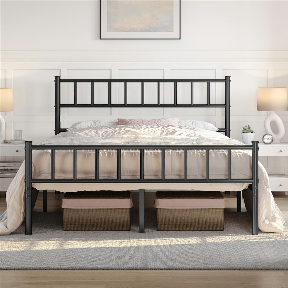 image 1 of Yaheetech 4ft6 Double Metal Bed Frame with Slatted Headboard Black