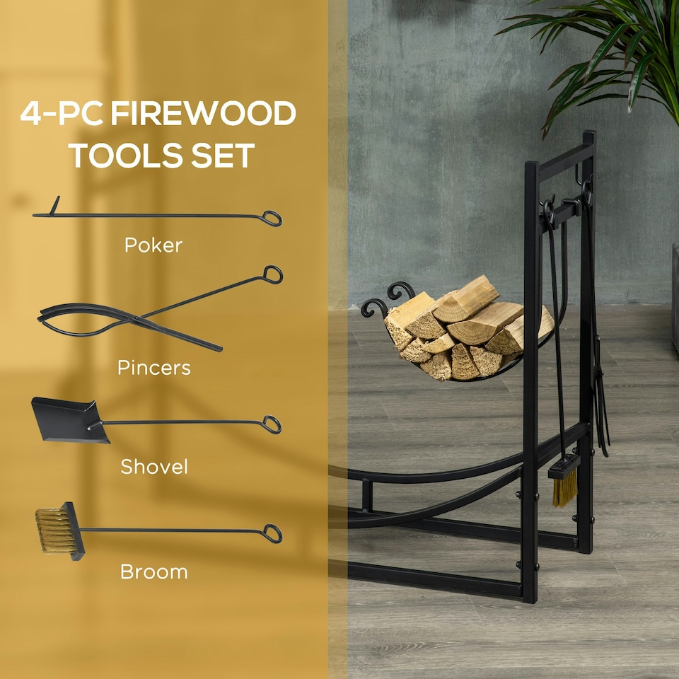 image 1 of Outsunny Firewood Stand Log Rack Holder 84cm with 4-PC Fireplace Tools Set Black