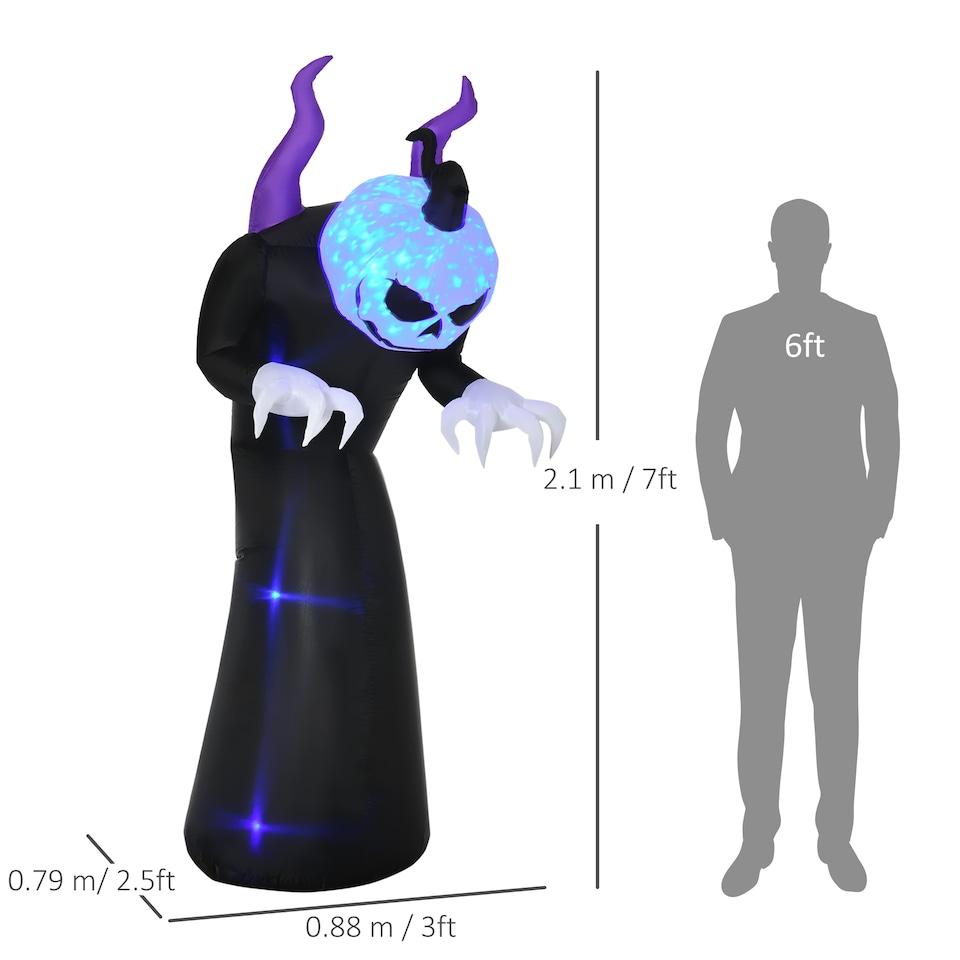 image 1 of Outsunny 7ft Inflatable Halloween Ghost with Horns, Blow-Up Outdoor LED Display with Flame Effect for Garden, Lawn, Party, Holiday