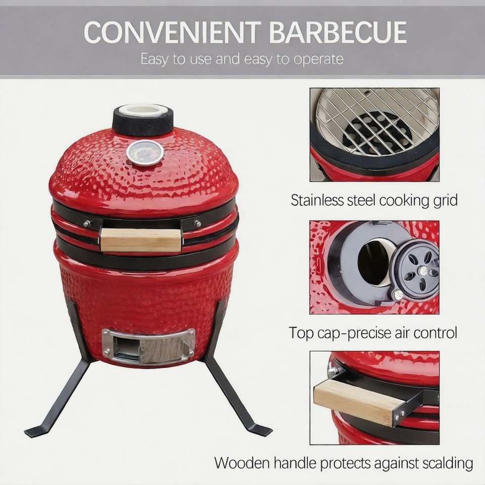 image 1 of Alivio Kamado 13-Inch Ceramic Mini BBQ Grill & Charcoal Smoker with Stand (Red)