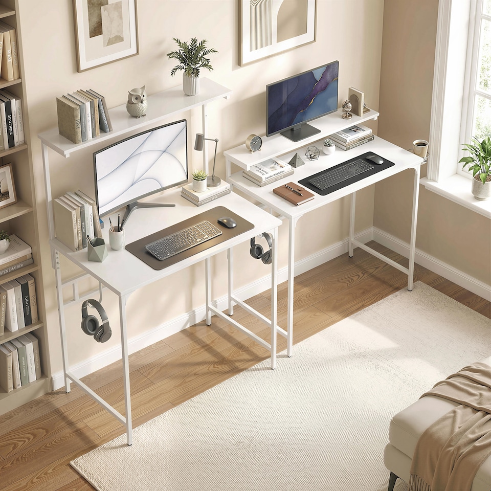 image 1 of HOMCOM Computer Desk, 80cm Home Office Study Table with Hutch Shelf | White | White | 80W x 50D x 121.7H cm