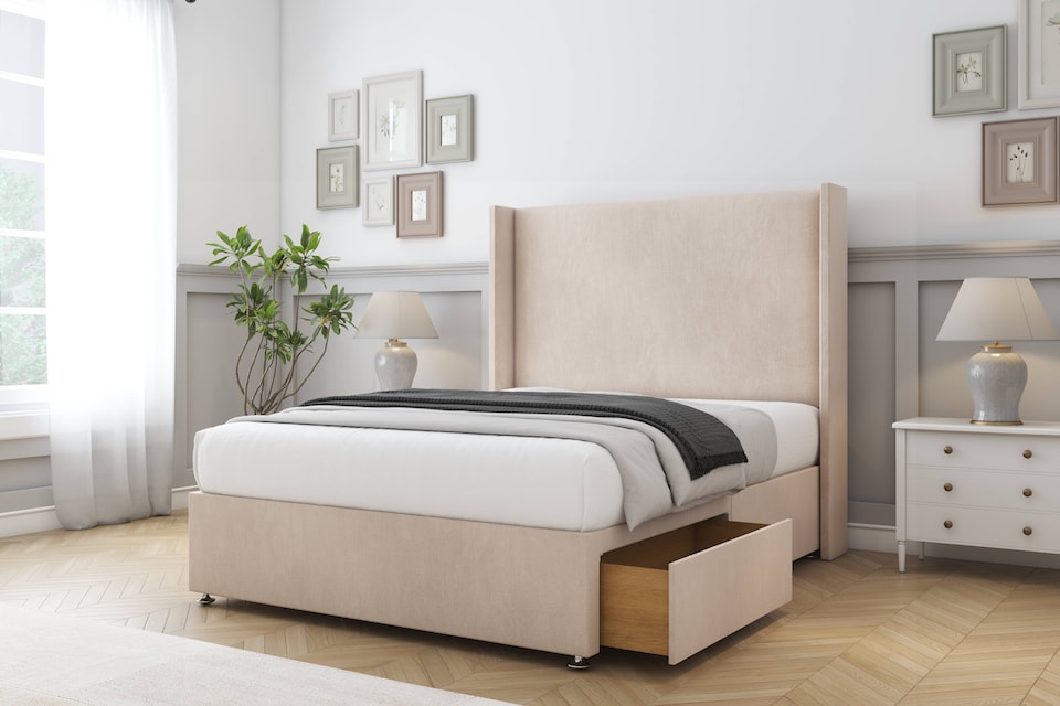 image 1 of Sloomy Devonshire Sand Naples Divan Bed With Mattress No Drawers With 54" Wingback Headboard 3' Single | Cream | Sand | Single | 1