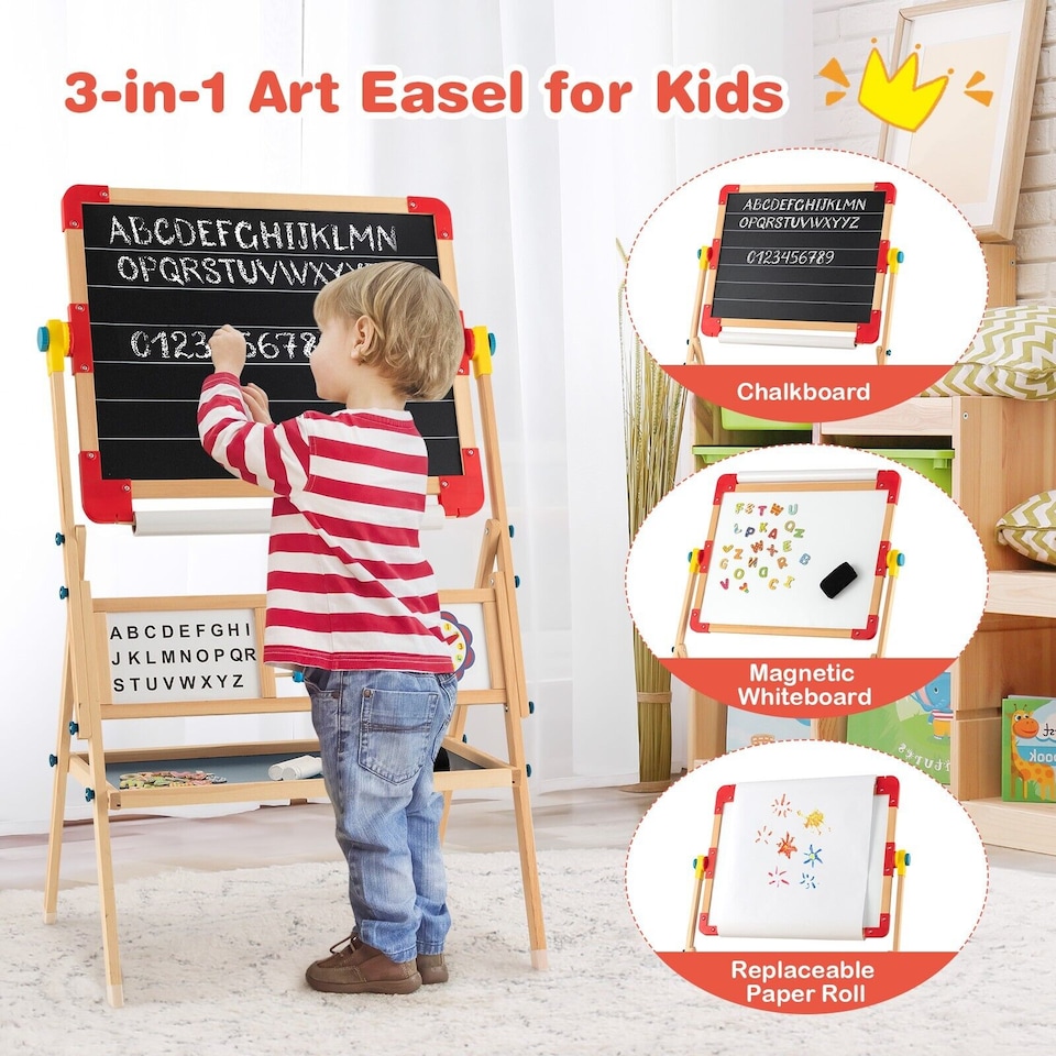 image 1 of COSTWAY 3-in-1 Freestanding Kids Art Easel Drawing Board
