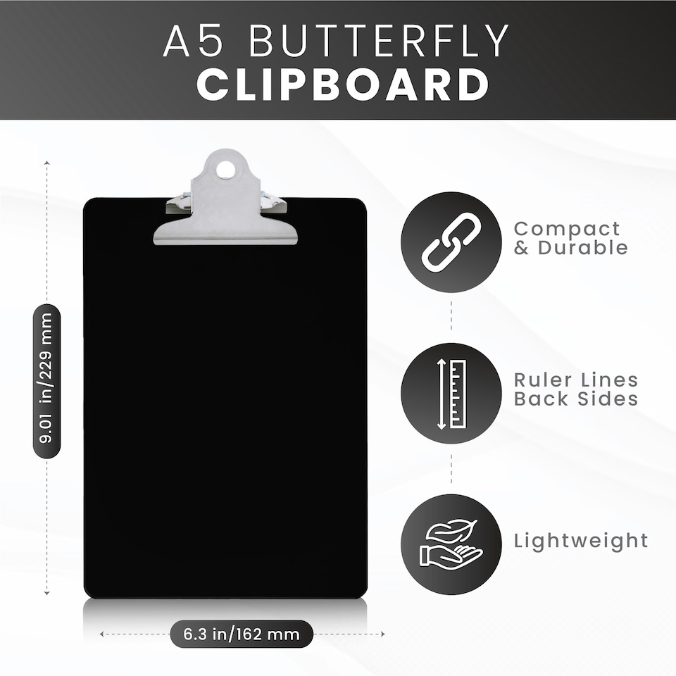 image 1 of Pack of 6 Black A5 Clipboards with Butterfly Clip with Ruled Side - Clip Board
