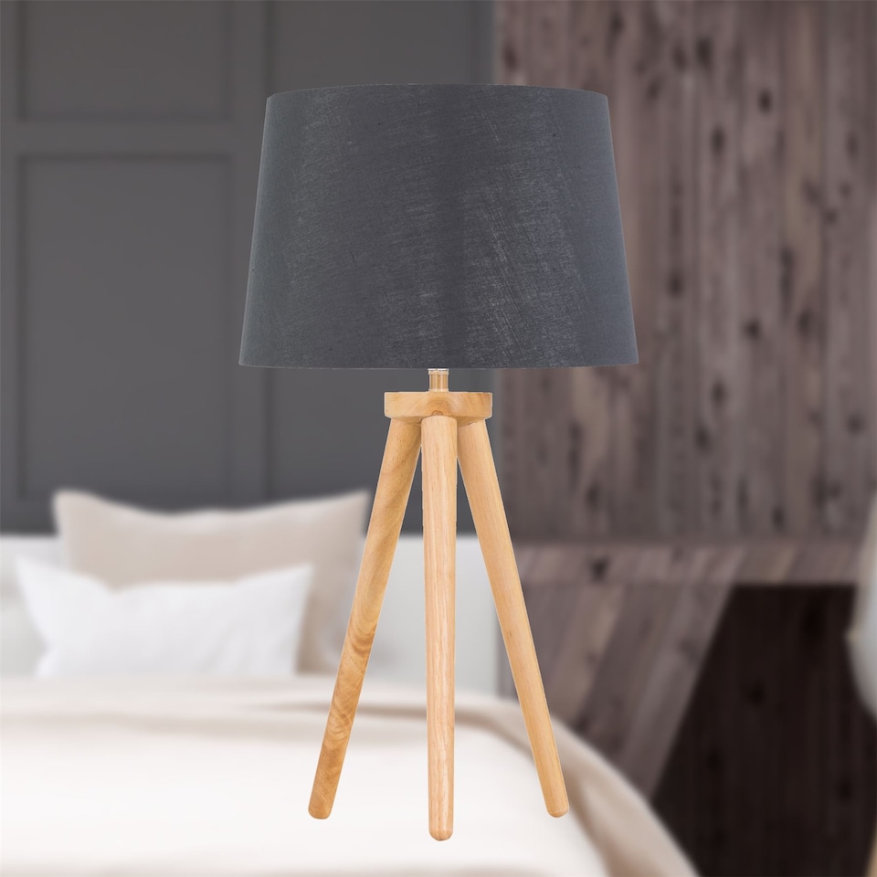 image 1 of Set of 2 Light Oak Table Lamp or Bedside Lights with Grey Silver Shade | Brown | Grey | Large | 2