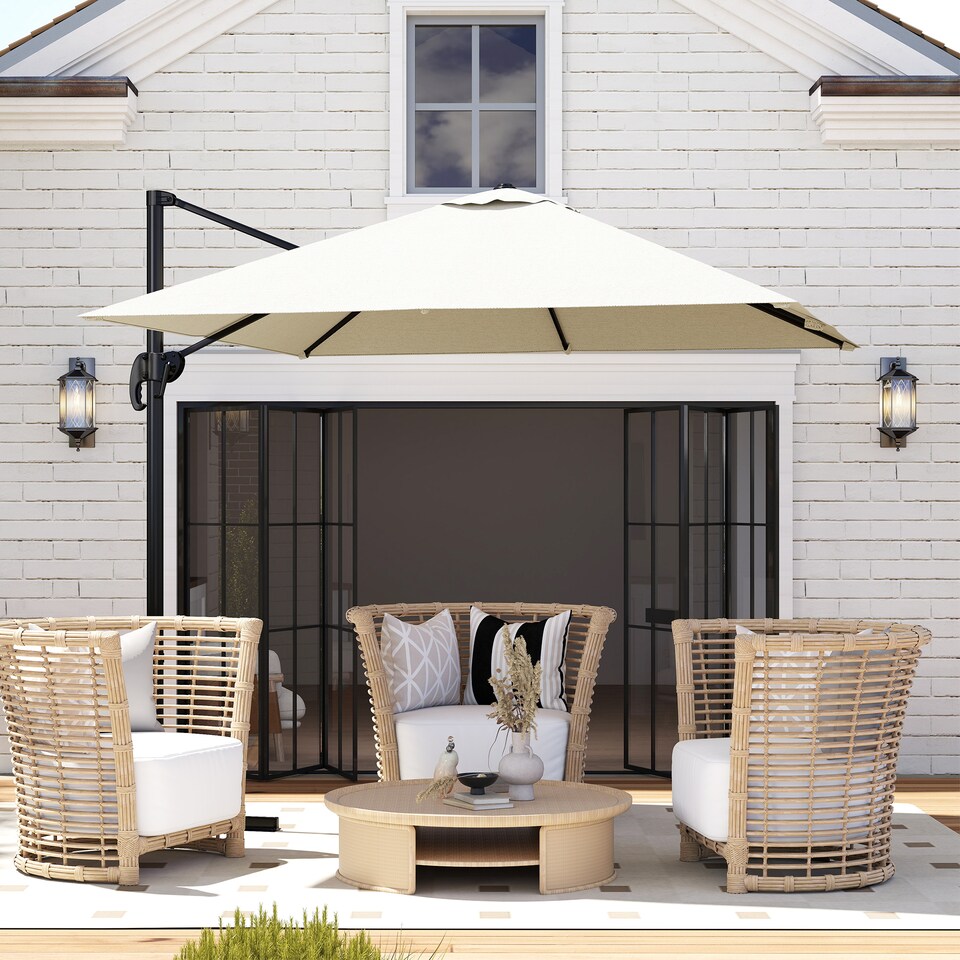 image 1 of Outsunny 2.5 x 2.5m Patio Offset Parasol Umbrella Cantilever Hanging Aluminium Sun Shade Canopy Shelter with Crank Handle and Cross Base | Cream | Cream