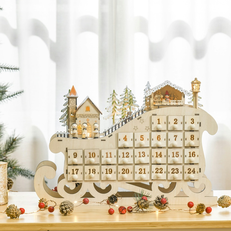 image 1 of HOMCOM Christmas Advent Calendar Light Up Sleigh w/ Countdown Drawer, Village