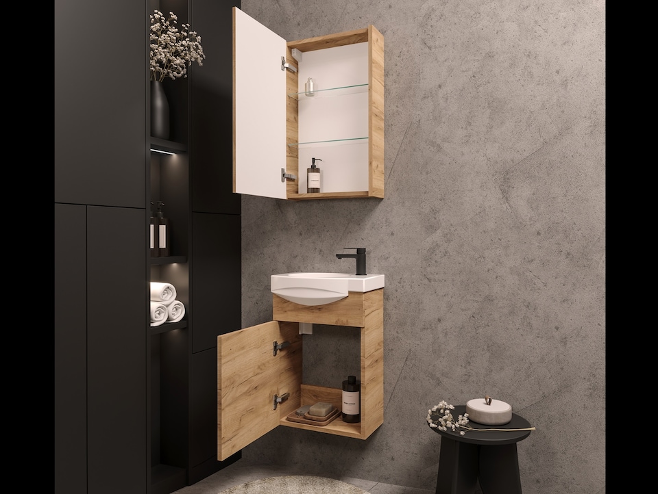 image 1 of Bathroom Mirror Cabinet Mirrored Wall Unit 400mm Slimline Cupboard Oak Finish Narrow Storage Avir