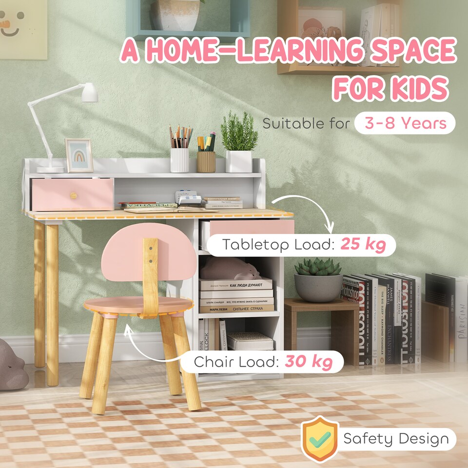 image 1 of AIYAPLAY Kids Desk and Chair Set for Studying, Reading, Drawing, Pink