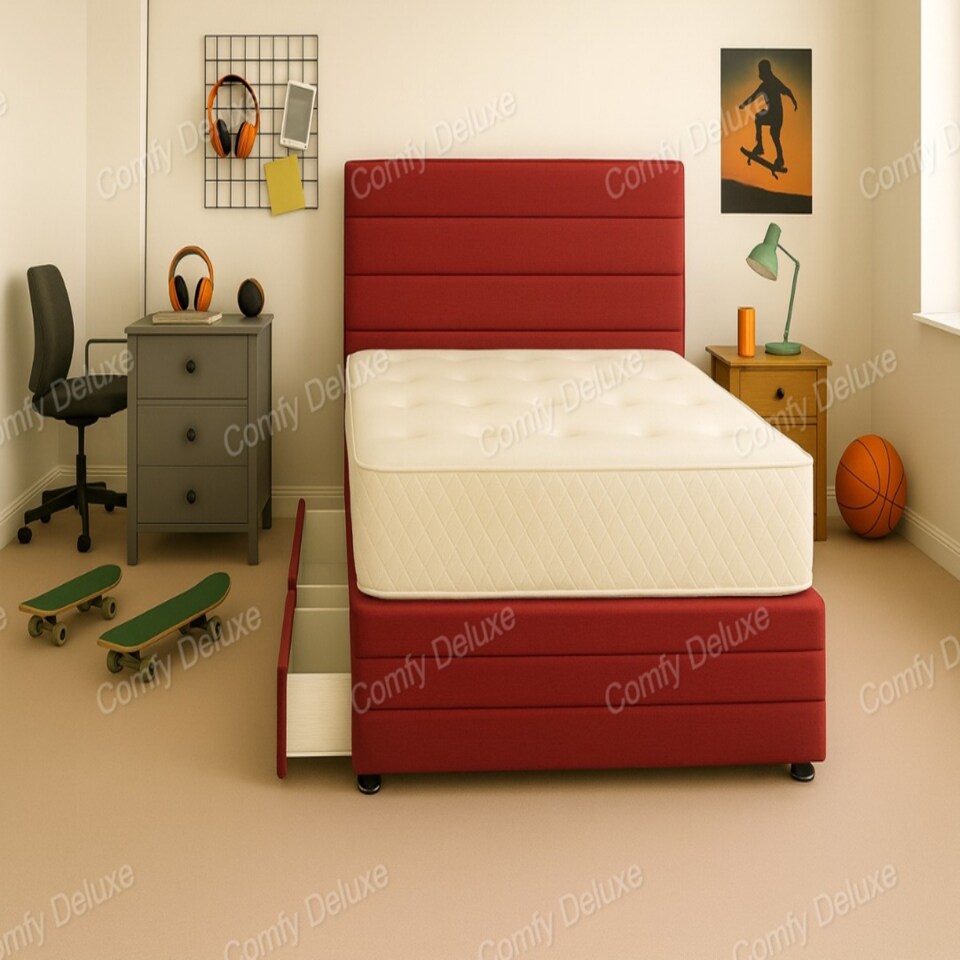 Maroon Jin Plush Lined  4ft6 Double  Divan Bed Set Headboard & Footboard - 4 Drawers