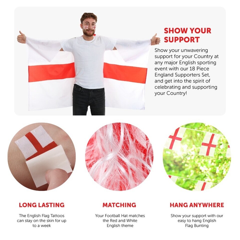 image 1 of Pack of 1 18 Piece England Set - Bunting, Flag Capes, Tattoos, Football & Hats Red | One Size