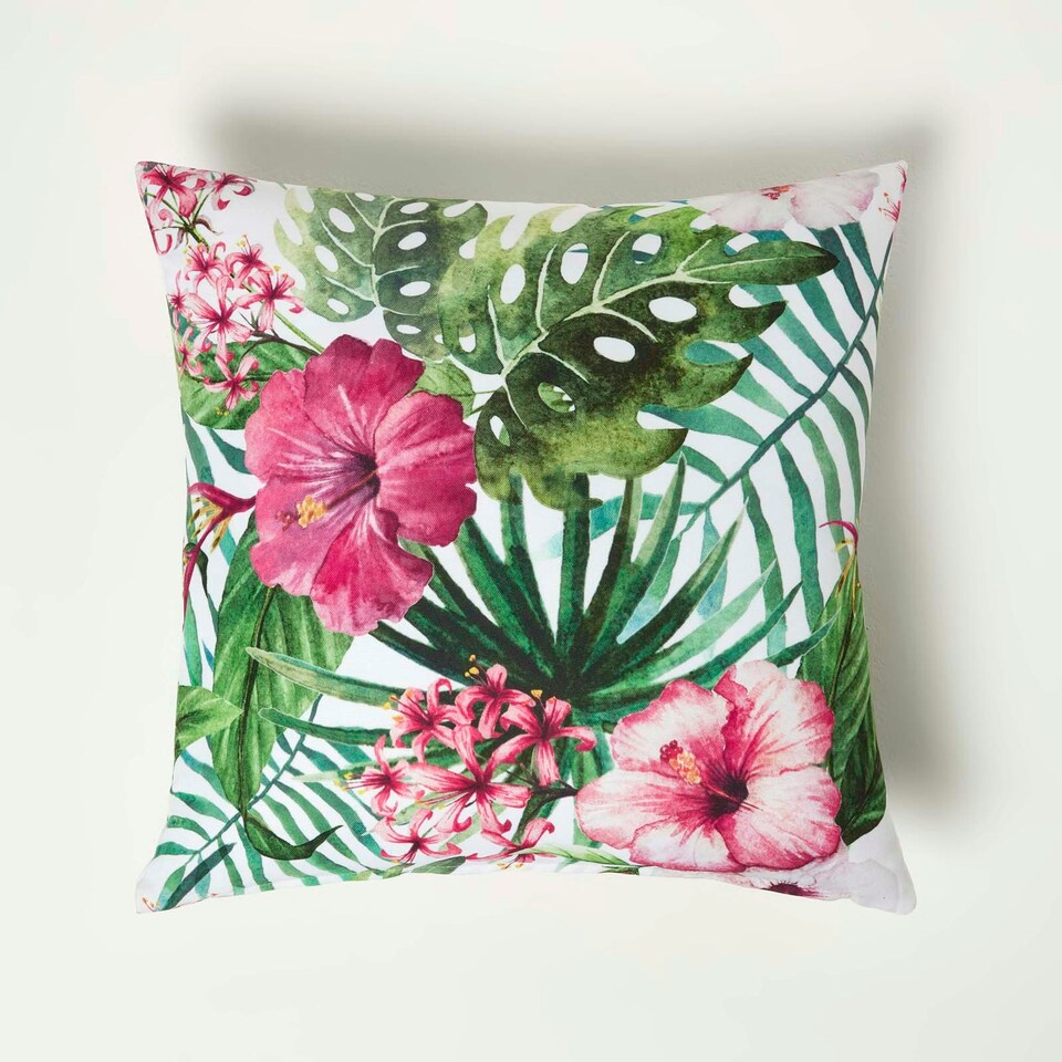 image 1 of Homescapes Botanical Flower Outdoor Cushion 45 x 45 cm - Set of 2 | Multi | 45 x 45 cm | 2