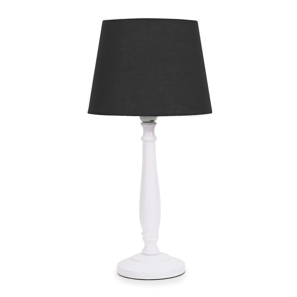 image 1 of ValueLights Victoria White Wood Traditional Stem Table Lamp with Black Fabric Tapered Shade and LED Bulb