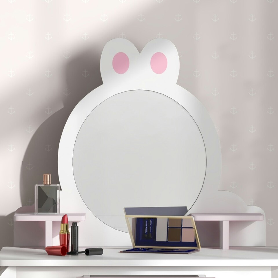 image 1 of ZONEKIZ Kids Dressing Table with Mirror and Stool, Drawer, Storage Shelf - White White
