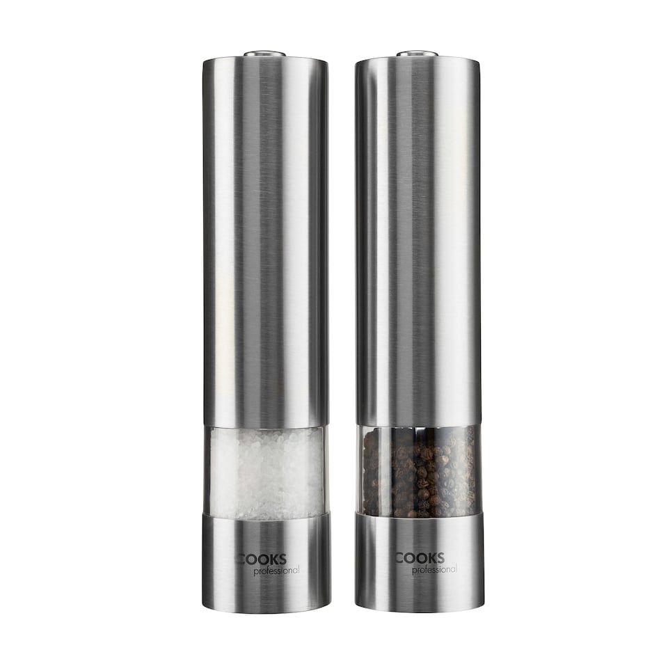 image 1 of Cooks Professional Electric Salt & Pepper Mill Set with Bamboo Base - Silver