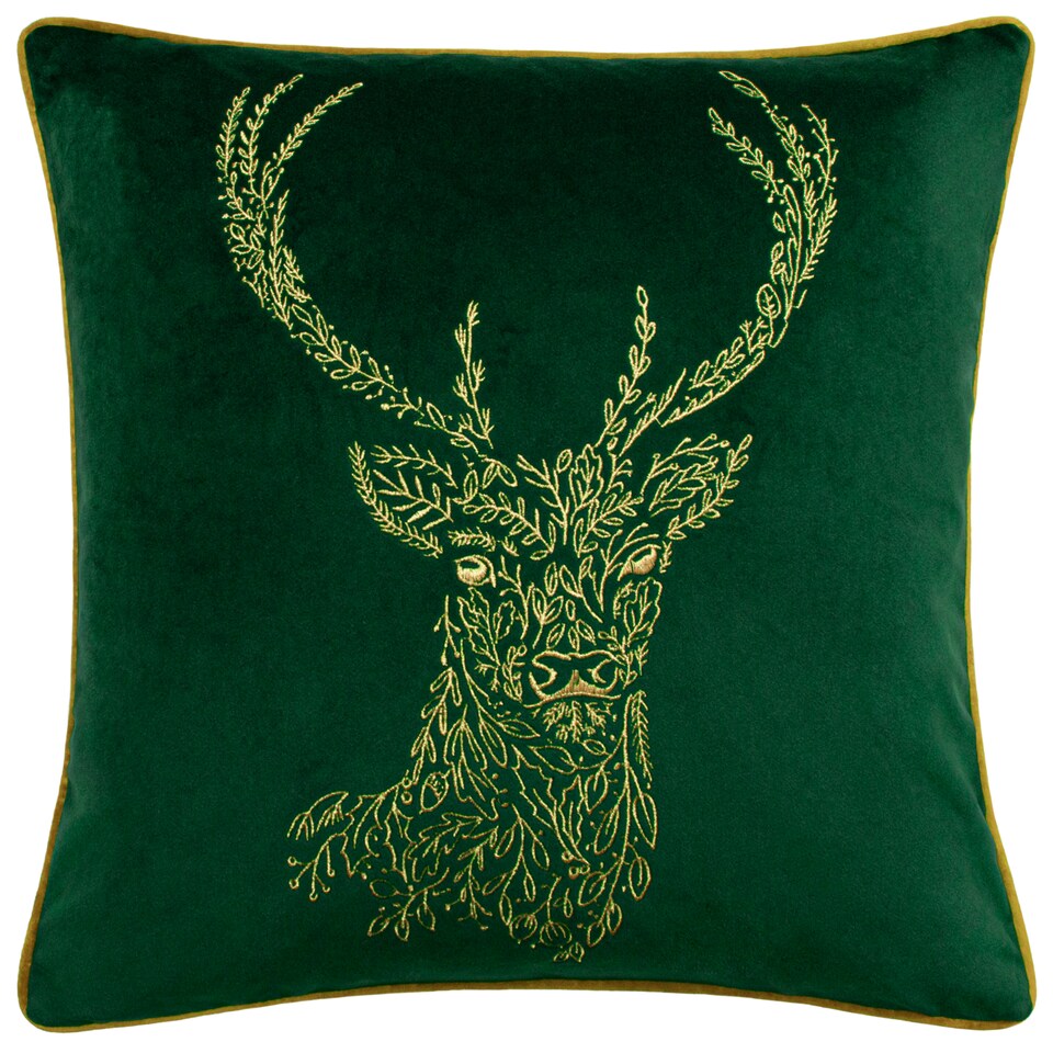 image 1 of Furn Forest Fauna Stag Velvet Piped Cushion, Emerald/Gold, 50 x 50cm