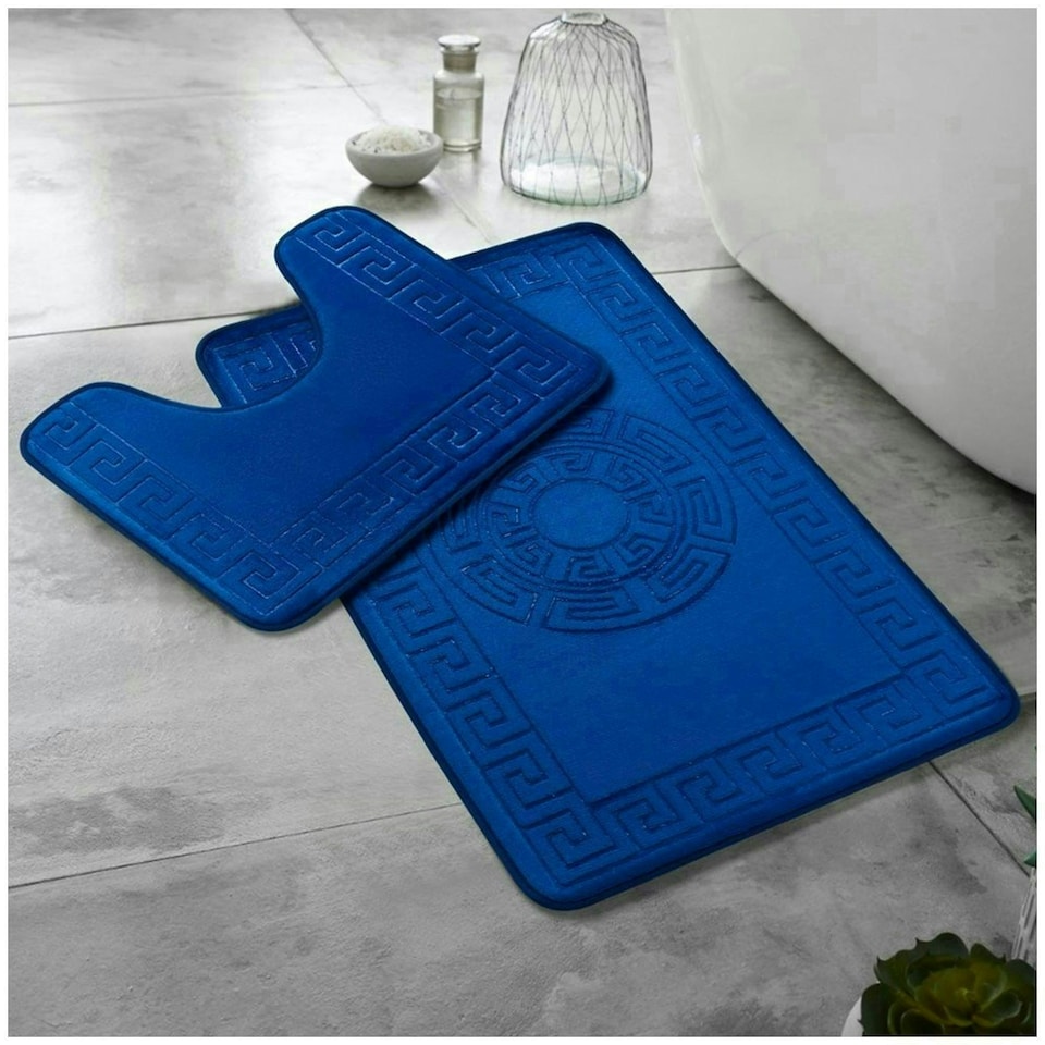 image 1 of VELVETIO Bath Mat Set Greek Pattern Anti Slip Memory Foam Toilet Rug Blue | Royal Blue