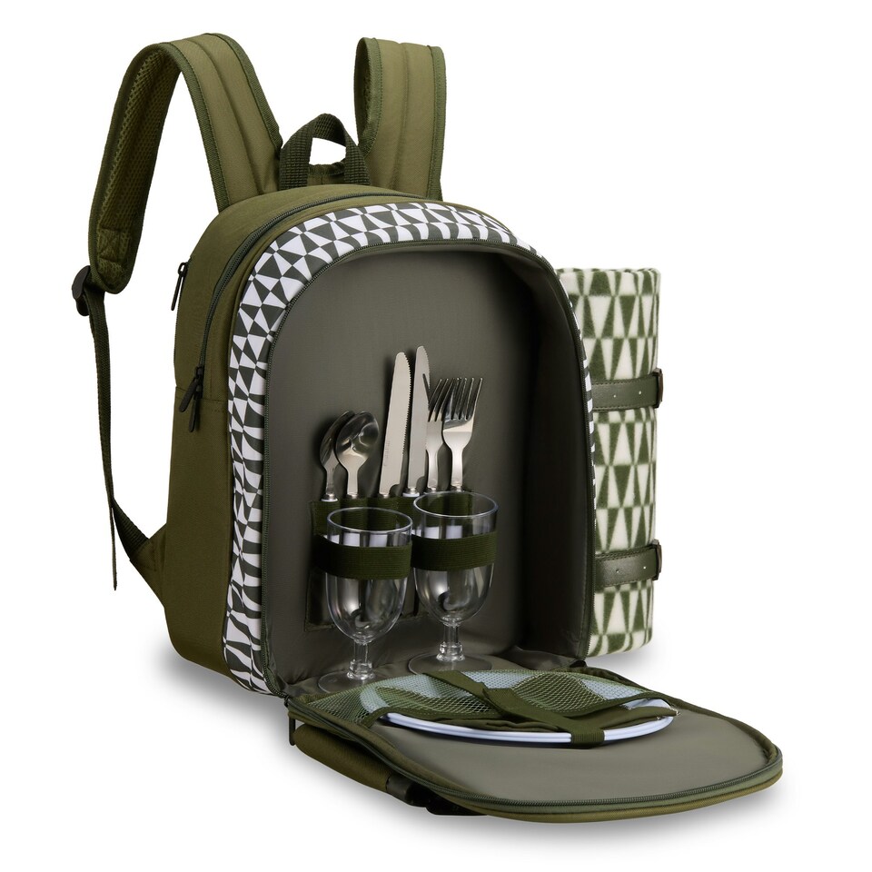 image 1 of VonShef Picnic Backpack, 2 Person Green Geo Insulated Picnic Bag with Dining Set