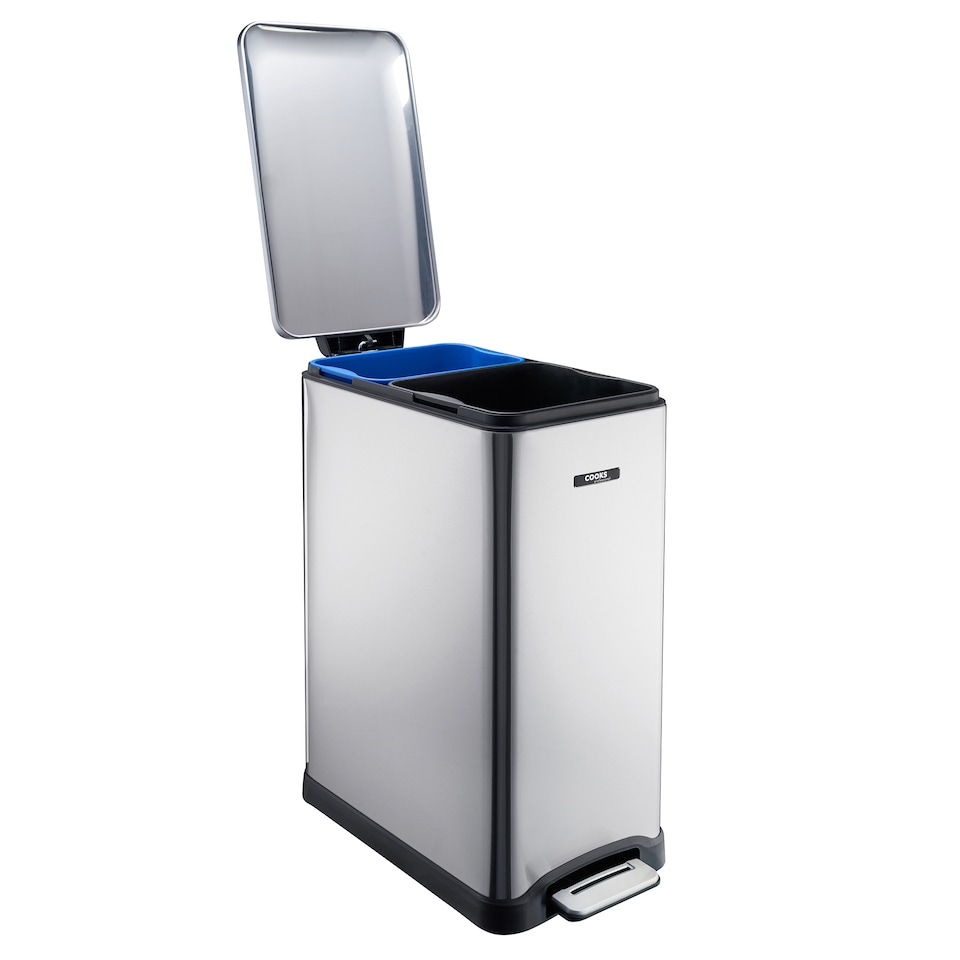 image 1 of Cooks Professional Slimline Dual Recycle Pedal Bin 50L - 2 Compartments & Soft Close Lid | Silver