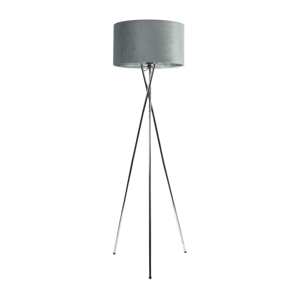 image 1 of ValueLights Camden Chrome Tripod Floor Lamp Grey Velvet Shade & Bulb | Grey