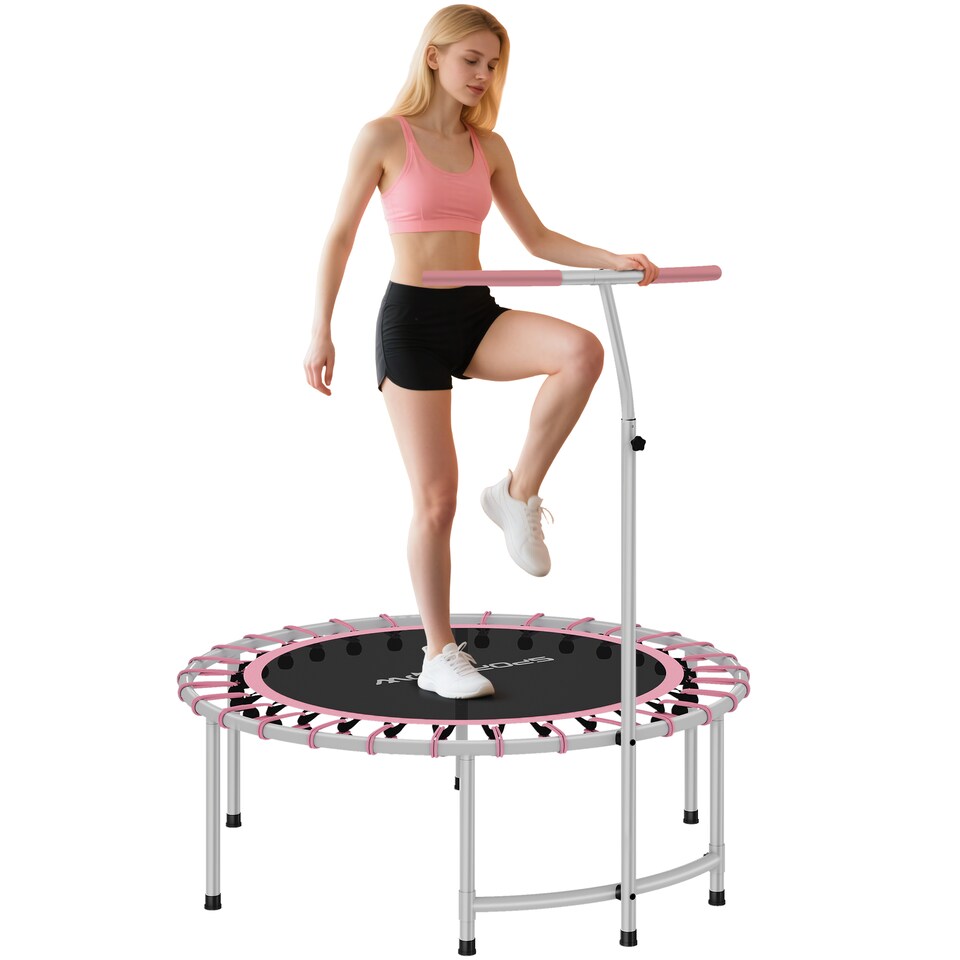 image 1 of SPORTNOW 40" Fitness Trampoline, Mini Rebounder Trampoline for Adults with 5-Level Adjustable Handle, Indoor Exercise Bungee Rebounder, Max Load 100KG, Pink | Pink
