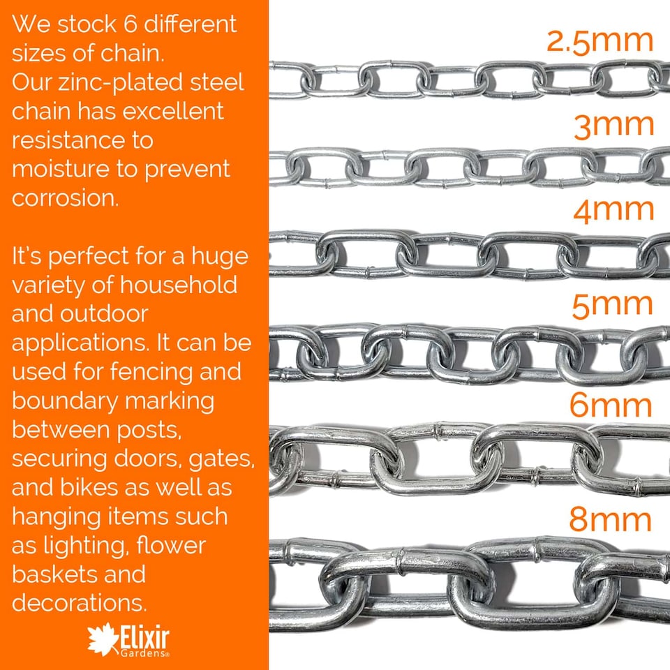 image 1 of Elixir Gardens Heavy Duty Galvanised Steel Chain 2-8mm Zinc Plated Welded Links. 8mm x 5m