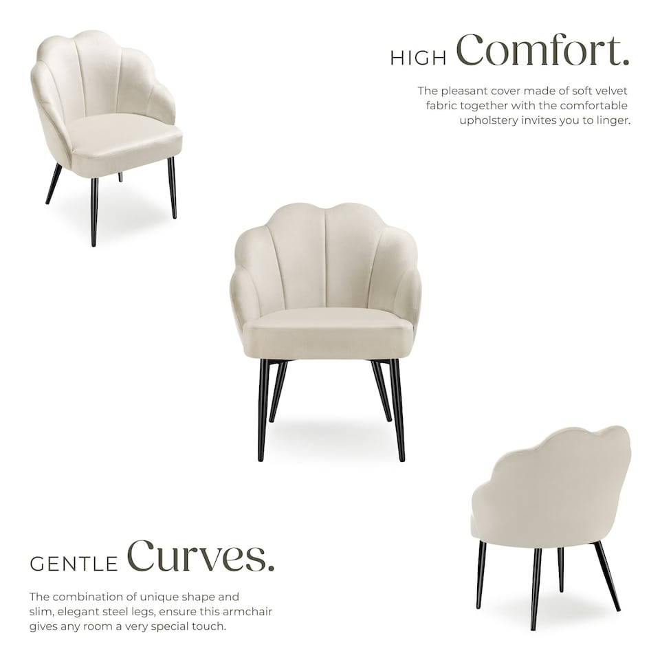 image 1 of Accent Chair Hellen - velvet cover, padded, extra-wide shell-shaped backrest - per piece Cream | Cream/Black